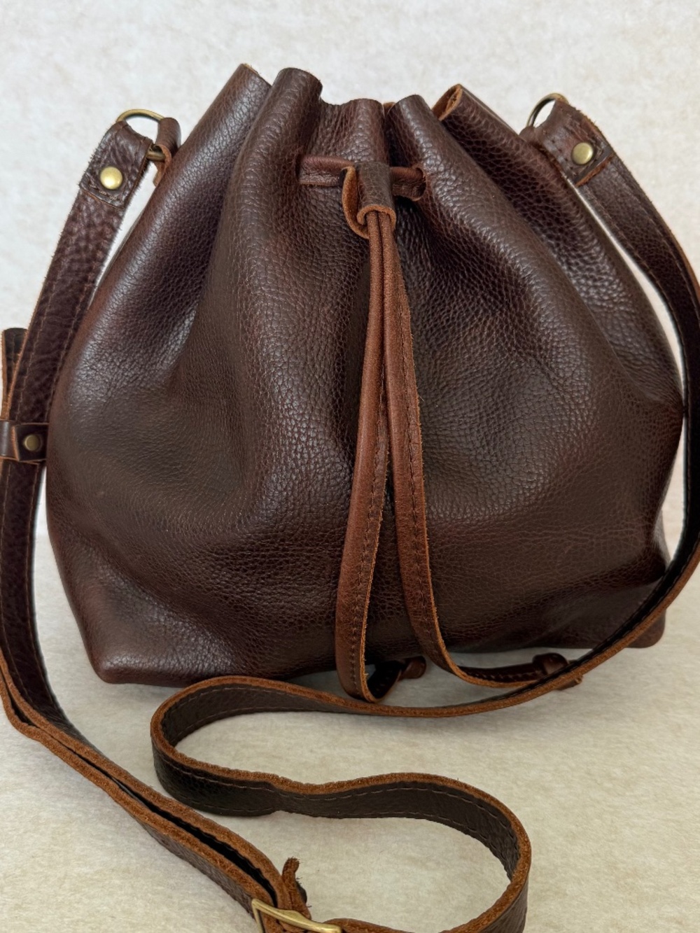 EUC Portland Leather Goods PLG Large Drawstring Bucket Bag in Coldbrew